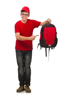 Sırt çantalı genç gezgin beyaza izole edilmiş.