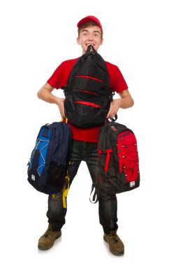 Sırt çantalı genç gezgin beyaza izole edilmiş.