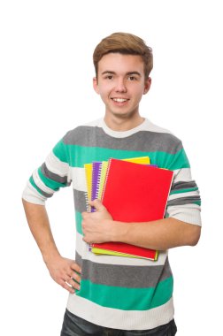 Kitapları beyaza saklanmış komik bir öğrenci.