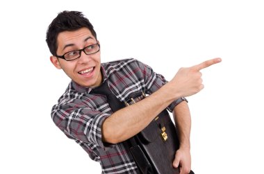 Sırt çantalı genç bir çalışan beyaza izole edilmiş.