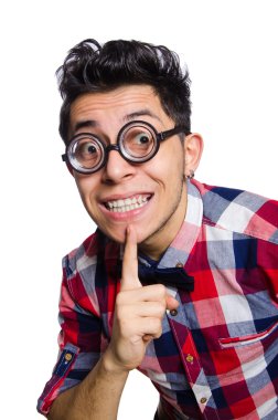 Genç adam beyaz izole ekose gömlekli