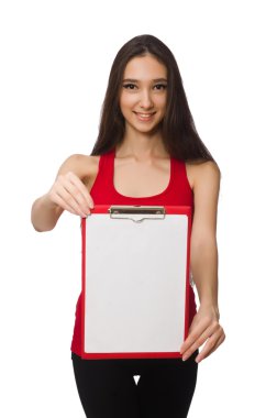 Kağıt bloknotu olan kadın beyazda yalnız.