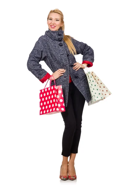 Donna con shopping bags isolata su bianco — Foto Stock