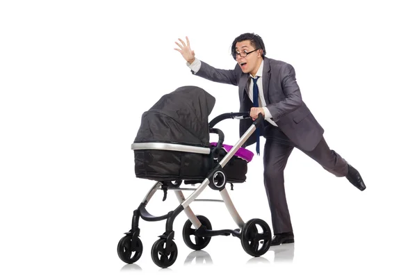 Grappige vader met baby en kinderwagen op wit — Stockfoto