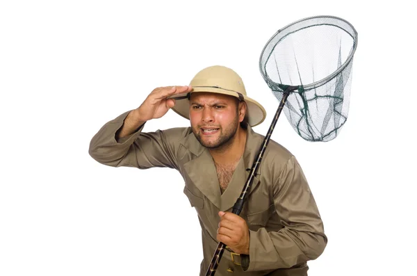 Man hunting for butterflies isolated on white — Stock Photo, Image