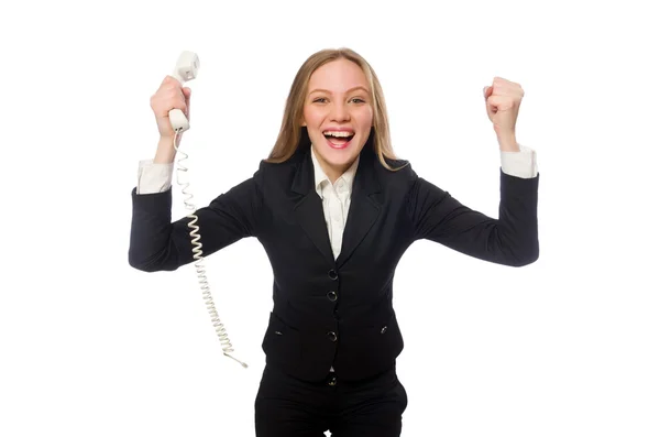 Mooi kantoor werknemer houden telefoon geïsoleerd op wit — Stockfoto