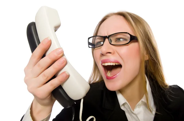 Bonito funcionário de escritório segurando telefone isolado no branco — Fotografia de Stock