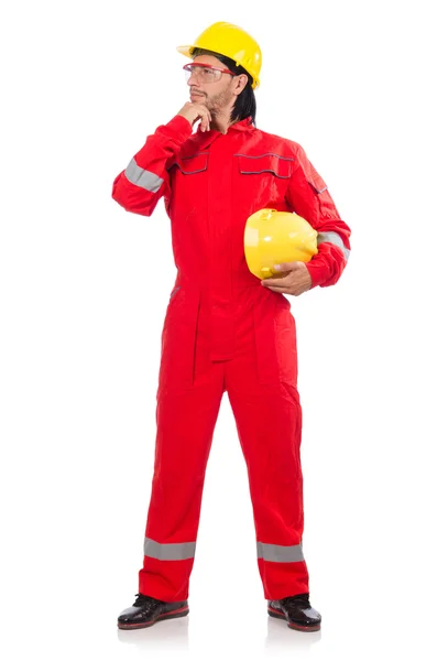 Hombre con monos rojos aislados en blanco —  Fotos de Stock