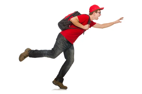 Young traveller with backpack isolated on white — Stock Photo, Image