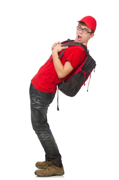 Young traveller with backpack isolated on white — Stock Photo, Image