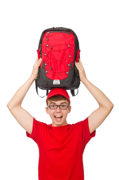 Jovem viajante com mochila isolada em branco — Fotografia de Stock