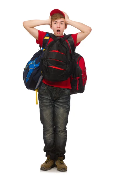 Jovem viajante com mochila isolada em branco — Fotografia de Stock