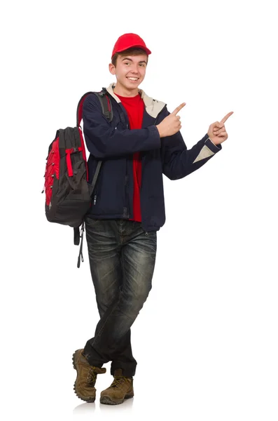 Young traveller with backpack isolated on white — Stock Photo, Image