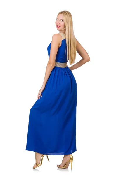 美しいです女性で長い青いドレス上の白 — ストック写真