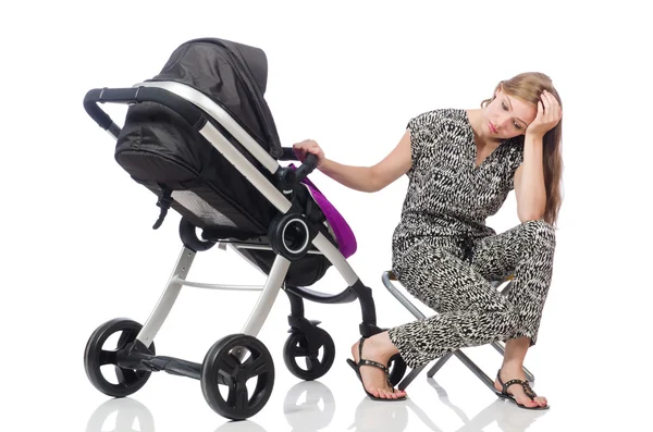 Happy mom with her baby in pram — Stock Photo, Image