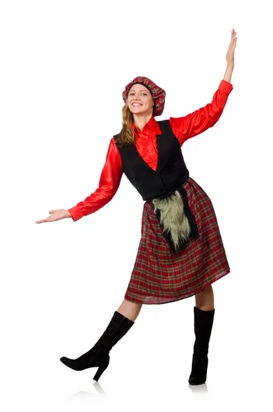Vtipná žena ve skotském oblečení na bílém — Stock fotografie