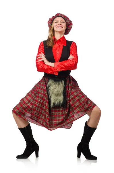 Mujer divertida en ropa escocesa en blanco —  Fotos de Stock