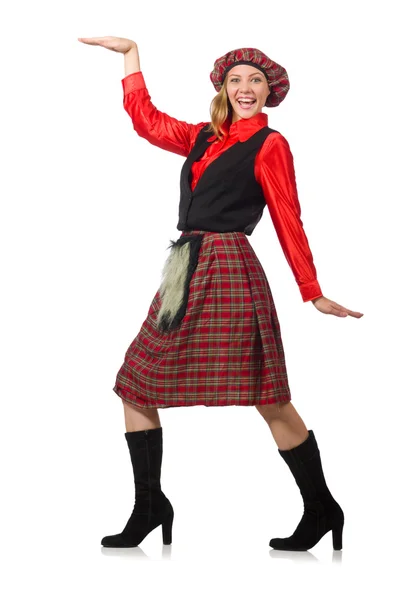 Funny woman in scottish clothing on white — Stock Photo, Image