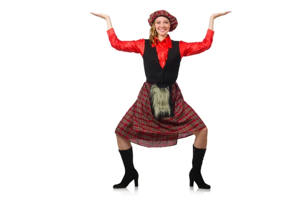 Funny woman in scottish clothing on white — Stock Photo, Image