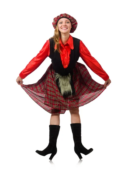 Funny woman in scottish clothing on white — Stock Photo, Image