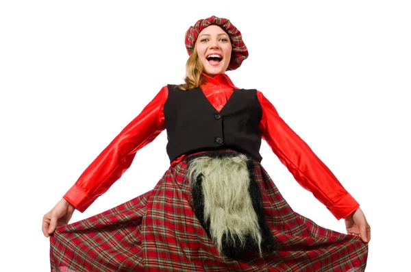Grappige vrouw in Schotse kleding op wit — Stockfoto