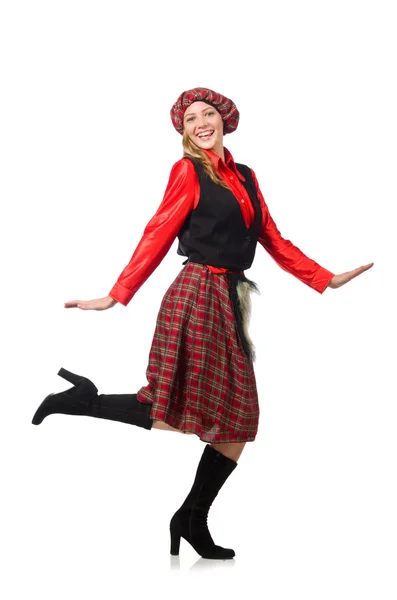 Funny woman in scottish clothing on white — Stock Photo, Image