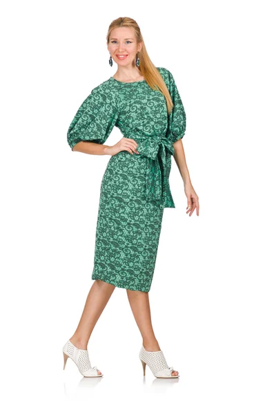 Jovem mulher em vestido verde isolado em branco — Fotografia de Stock