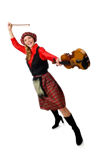 Funny woman in scottish clothing with violin — Stock Photo, Image