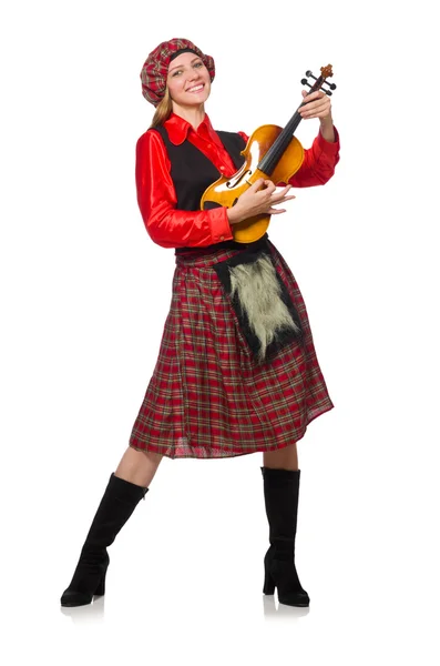 Mujer divertida en ropa escocesa con violín — Foto de Stock