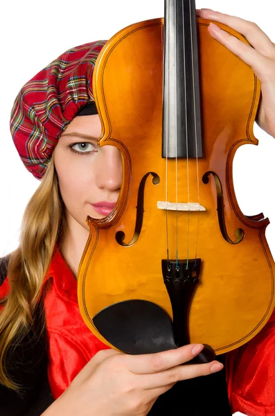 Mulher engraçada em roupas escocesas com violino — Fotografia de Stock