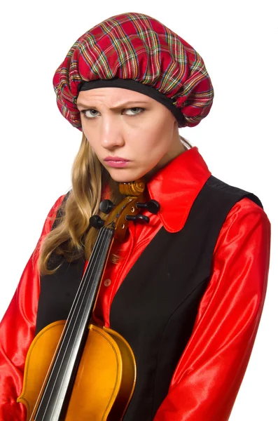 Rolig kvinna i skotska kläder med violin — Stockfoto