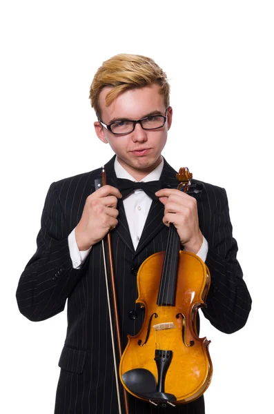 Giovane musicista con violino isolato su bianco — Foto Stock