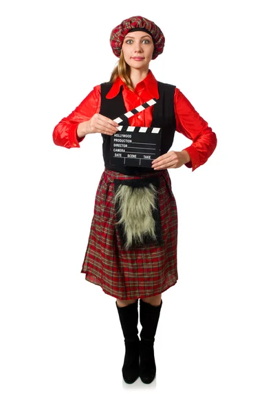 Funny woman in scottish clothing with movie board — Stock Photo, Image
