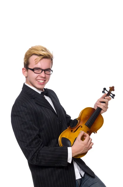 Jeune musicien avec violon isolé sur blanc — Photo