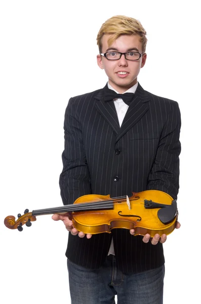 Jovem músico com violino isolado em branco — Fotografia de Stock