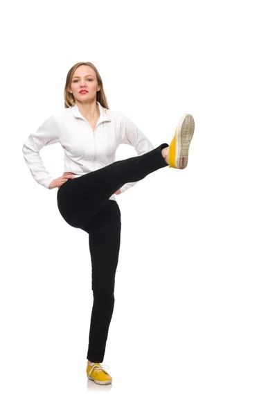 Mulher fazendo exercícios isolados em branco — Fotografia de Stock