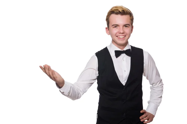 Young man in black classic vest isolated on white — Stock Photo, Image