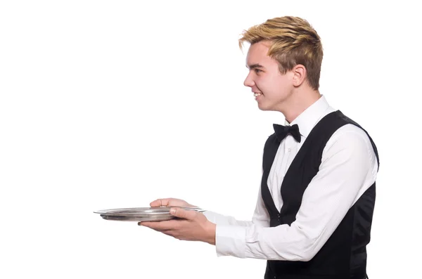 Pelayan memegang piring terisolasi di atas putih — Stok Foto