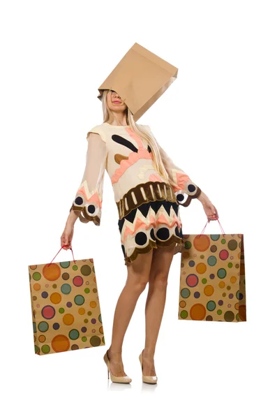 Woman with shopping bags on white — Stock Photo, Image