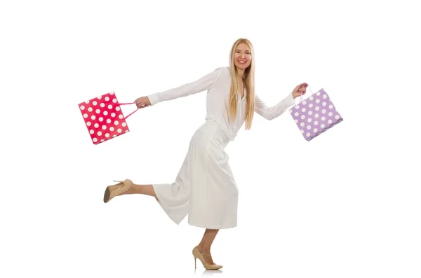Mujer con bolsas de compras en blanco — Foto de Stock