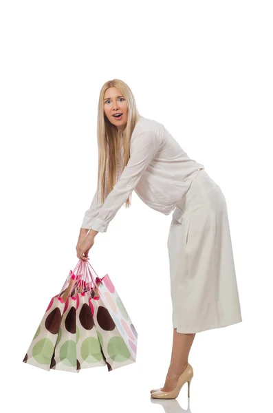 Mujer con bolsas de compras en blanco —  Fotos de Stock