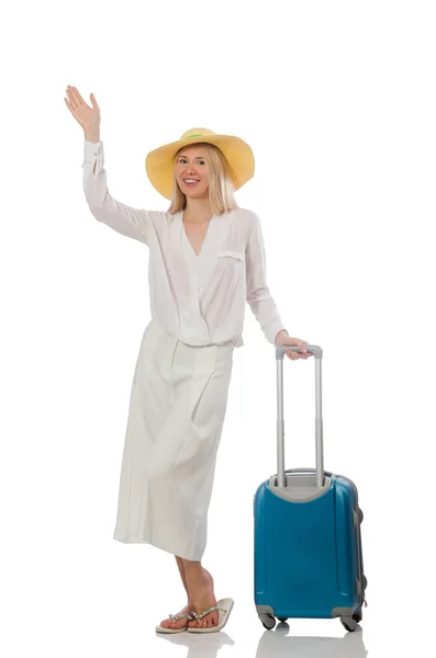 Kobieta w podróży pojęcie na białym — Zdjęcie stockowe
