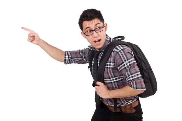 Young employee with backpack isolated on white — Stock Photo, Image