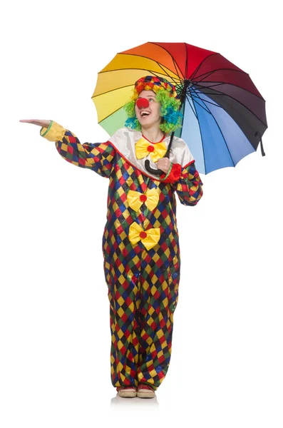 Klaun s deštníkem izolovaným na bílém — Stock fotografie