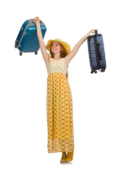 Kvinna redo för sommaren resa isolerad på vit — Stockfoto