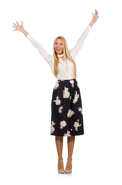 Menina bonita em saia preta com flores isoladas em branco — Fotografia de Stock