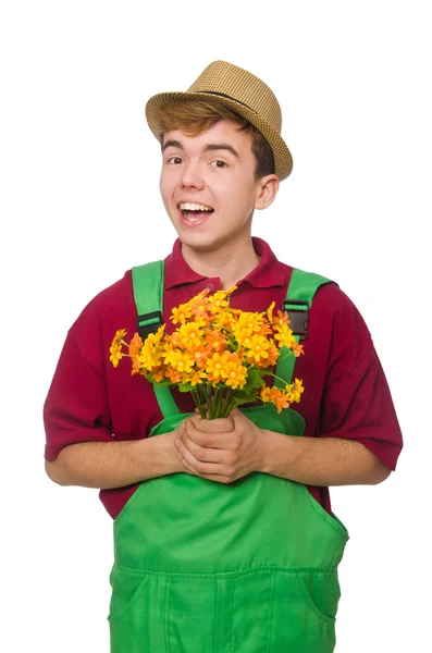 Jardineiro jovem com flor isolada em branco — Fotografia de Stock