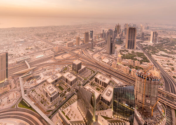 Panorama of night Dubai during sandstorm