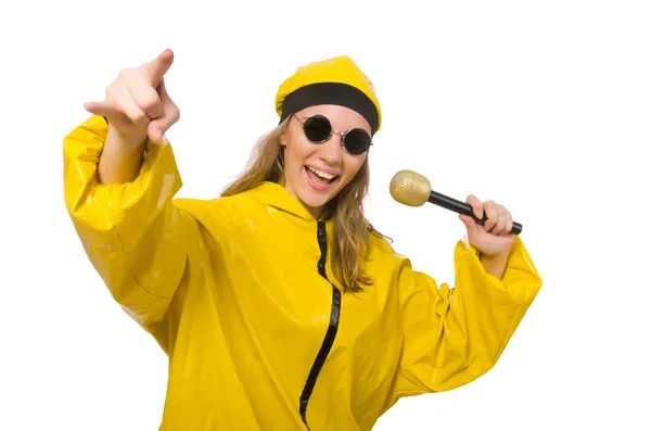 Mujer en traje amarillo aislado en blanco —  Fotos de Stock