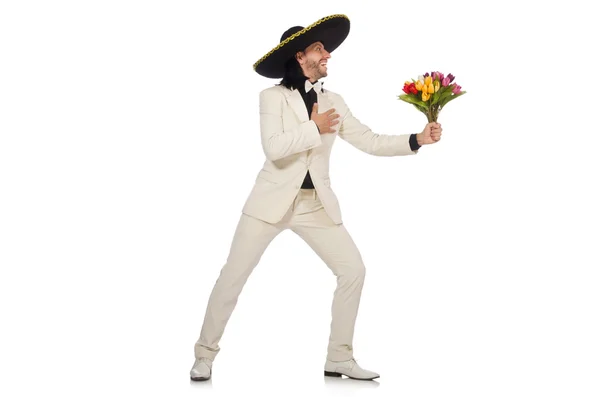 手捧鲜花上白色孤立的穿着滑稽墨西哥 — 图库照片
